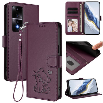 Embossed Heart Cat Leather Phone Case with Hand Strap, For Honor 80 GT, For Honor 80