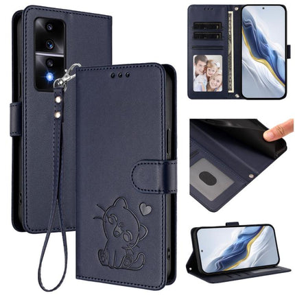 Embossed Heart Cat Leather Phone Case with Hand Strap, For Honor 80 GT, For Honor 80