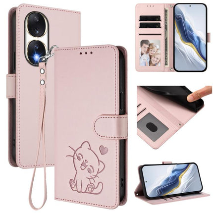 Embossed Heart Cat Leather Phone Case with Hand Strap, For Honor 90 Pro, For Honor 90