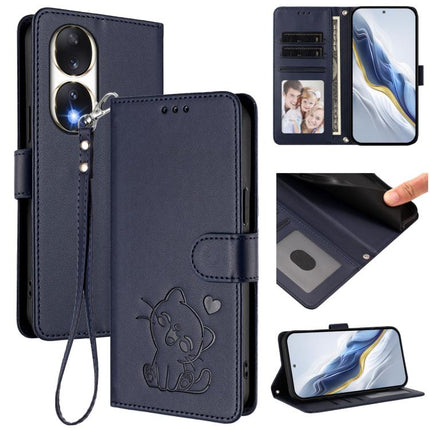 Embossed Heart Cat Leather Phone Case with Hand Strap, For Honor 90 Pro, For Honor 90