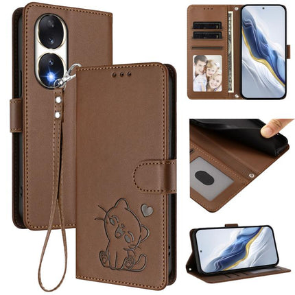 Embossed Heart Cat Leather Phone Case with Hand Strap, For Honor 90 Pro, For Honor 90