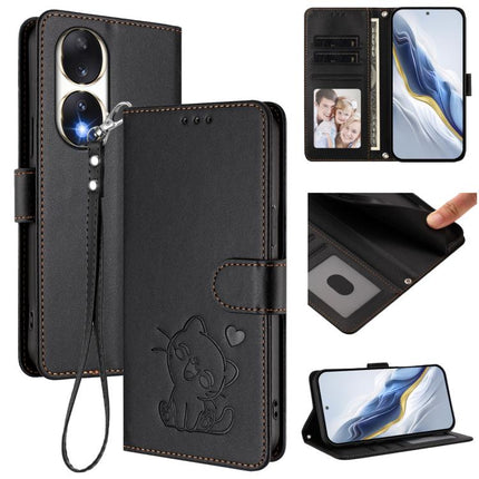 Embossed Heart Cat Leather Phone Case with Hand Strap, For Honor 90 Pro, For Honor 90