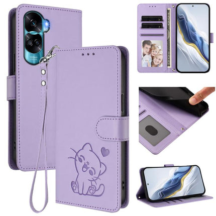 Embossed Heart Cat Leather Phone Case with Hand Strap, For Honor 100 Pro, For Honor 90 Lite / Honor X50i
