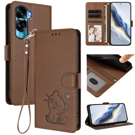 Embossed Heart Cat Leather Phone Case with Hand Strap, For Honor 100 Pro, For Honor 90 Lite / Honor X50i