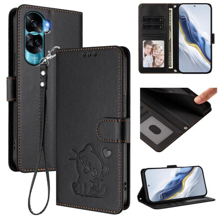 Embossed Heart Cat Leather Phone Case with Hand Strap, For Honor 100 Pro, For Honor 90 Lite / Honor X50i
