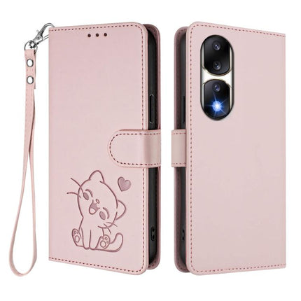 Embossed Heart Cat Leather Phone Case with Hand Strap, For Honor 90 Pro, For Honor 90