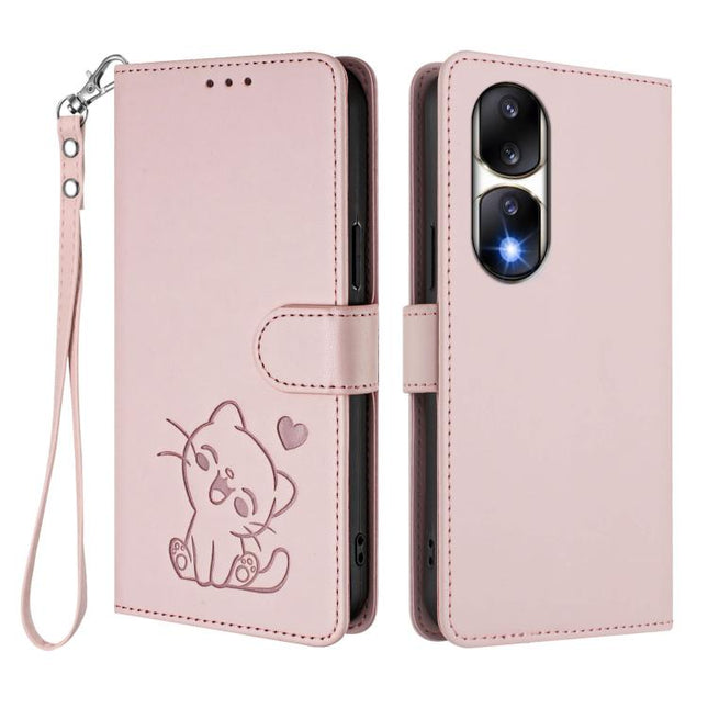 Embossed Heart Cat Leather Phone Case with Hand Strap, For Honor 90 Pro, For Honor 90