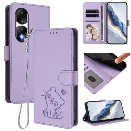 Embossed Heart Cat Leather Phone Case with Hand Strap, For Honor 90 Pro, For Honor 90