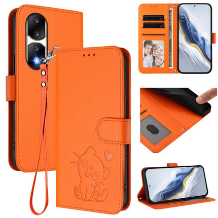Embossed Heart Cat Leather Phone Case with Hand Strap, For Honor 90 Pro, For Honor 90