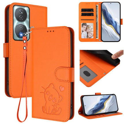 Embossed Heart Cat Leather Phone Case with Hand Strap, For Honor 200 Lite Global, For Honor 90 Smart / X7b 4G / 5G / Play 8T