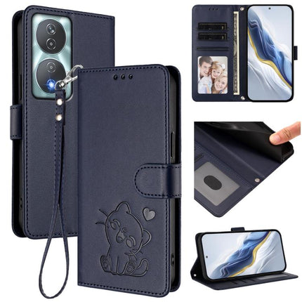 Embossed Heart Cat Leather Phone Case with Hand Strap, For Honor 200 Lite Global, For Honor 90 Smart / X7b 4G / 5G / Play 8T