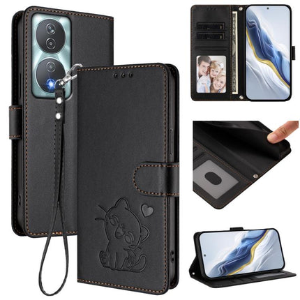 Embossed Heart Cat Leather Phone Case with Hand Strap, For Honor 200 Lite Global, For Honor 90 Smart / X7b 4G / 5G / Play 8T
