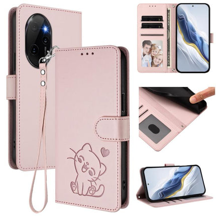 Embossed Heart Cat Leather Phone Case with Hand Strap, For Honor 100 Pro, For Honor 90 Lite / Honor X50i