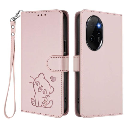 Embossed Heart Cat Leather Phone Case with Hand Strap, For Honor 100 Pro, For Honor 90 Lite / Honor X50i