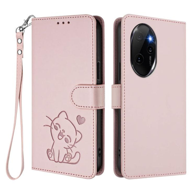 Embossed Heart Cat Leather Phone Case with Hand Strap, For Honor 100 Pro, For Honor 90 Lite / Honor X50i