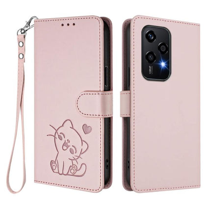 Embossed Heart Cat Leather Phone Case with Hand Strap, For Honor 200 Lite Global, For Honor 90 Smart / X7b 4G / 5G / Play 8T