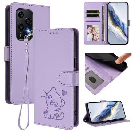 Embossed Heart Cat Leather Phone Case with Hand Strap, For Honor 200 Lite Global, For Honor 90 Smart / X7b 4G / 5G / Play 8T