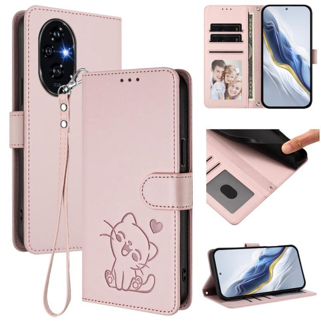 Embossed Heart Cat Leather Phone Case with Hand Strap, For Honor 200 Pro, For Honor Play 50