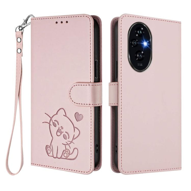 Embossed Heart Cat Leather Phone Case with Hand Strap, For Honor 200 Pro, For Honor Play 50