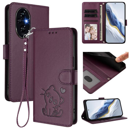 Embossed Heart Cat Leather Phone Case with Hand Strap, For Honor 200 Pro, For Honor Play 50