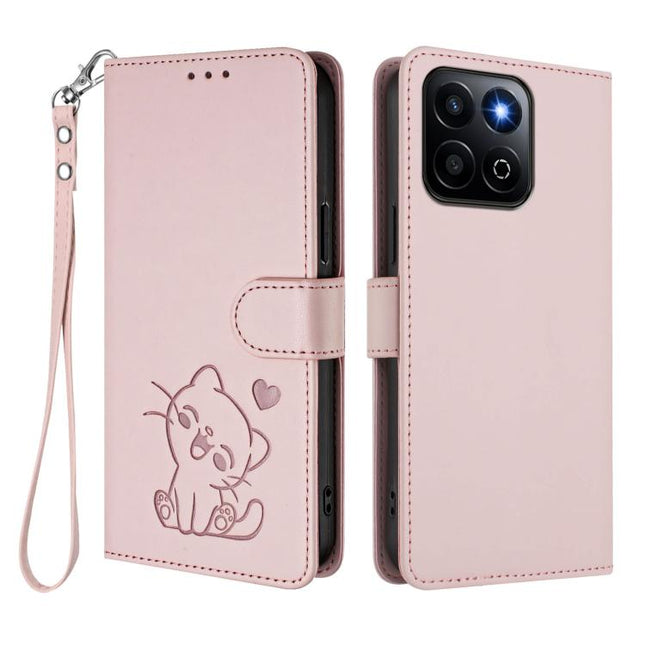 Embossed Heart Cat Leather Phone Case with Hand Strap, For Honor 200 Smart / Play 9T 5G / X7C 4G, For Honor 70 Lite / X8 5G / X6 4G / X6s
