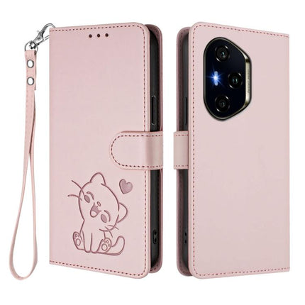 Embossed Heart Cat Leather Phone Case with Hand Strap, For Honor 300 Pro / Honor 300 Ultra, For Honor 300