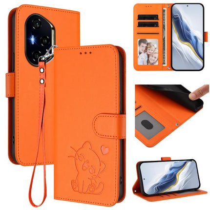 Embossed Heart Cat Leather Phone Case with Hand Strap, For Honor 300 Pro / Honor 300 Ultra, For Honor 300