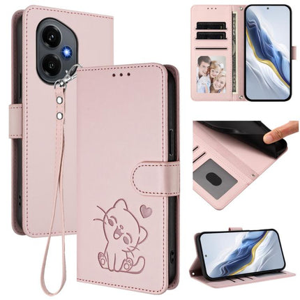 Embossed Heart Cat Leather Phone Case with Hand Strap, For Honor 400 Lite Global, For Honor 400 Global 156.5mm