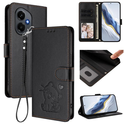 Embossed Heart Cat Leather Phone Case with Hand Strap, For Honor 400 Lite Global, For Honor 400 Global 156.5mm