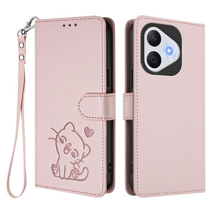 Embossed Heart Cat Leather Phone Case with Hand Strap, For Honor 400 Lite Global, For Honor 400 Global 156.5mm