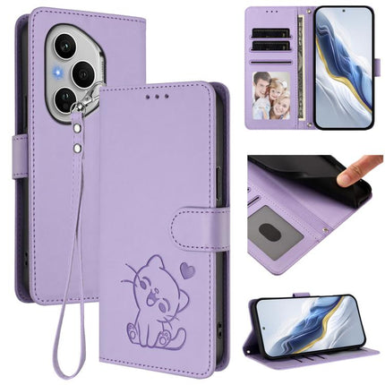 Embossed Heart Cat Leather Phone Case with Hand Strap, For Honor X60 GT, For Honor 400 Pro Global 160.8mm