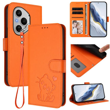 Embossed Heart Cat Leather Phone Case with Hand Strap, For Honor X60 GT, For Honor 400 Pro Global 160.8mm