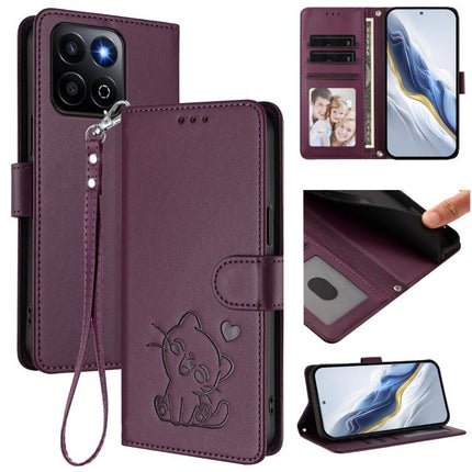 Embossed Heart Cat Leather Phone Case with Hand Strap, For Honor X5c Plus, For Honor 400 Smart 5G
