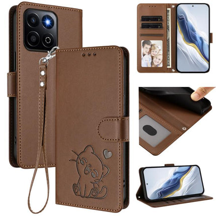 Embossed Heart Cat Leather Phone Case with Hand Strap, For Honor X5c Plus, For Honor 400 Smart 5G