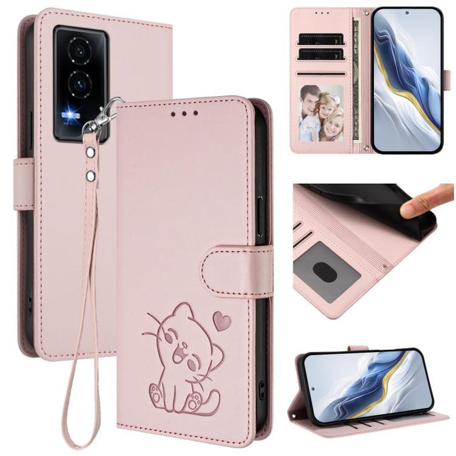 Embossed Heart Cat Leather Phone Case with Hand Strap, For Honor GT, For Honor X60 / Honor X9c Smart