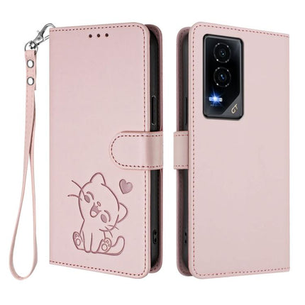Embossed Heart Cat Leather Phone Case with Hand Strap, For Honor GT, For Honor X60 / Honor X9c Smart