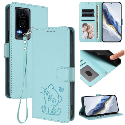 Embossed Heart Cat Leather Phone Case with Hand Strap, For Honor GT, For Honor X60 / Honor X9c Smart