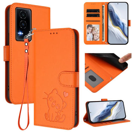 Embossed Heart Cat Leather Phone Case with Hand Strap, For Honor GT, For Honor X60 / Honor X9c Smart