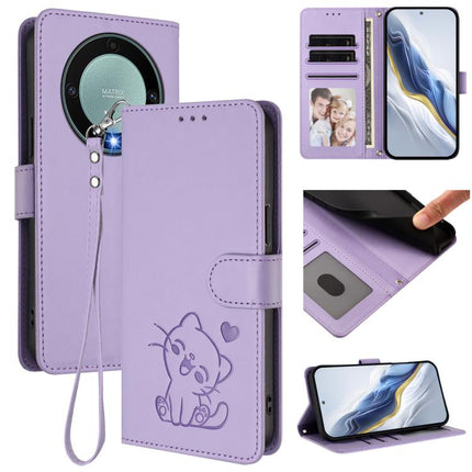 Embossed Heart Cat Leather Phone Case with Hand Strap, For Honor X8a, For Honor Magic5 Lite / X9a / X40