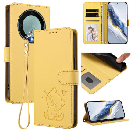 Embossed Heart Cat Leather Phone Case with Hand Strap, For Honor X8a, For Honor Magic5 Lite / X9a / X40