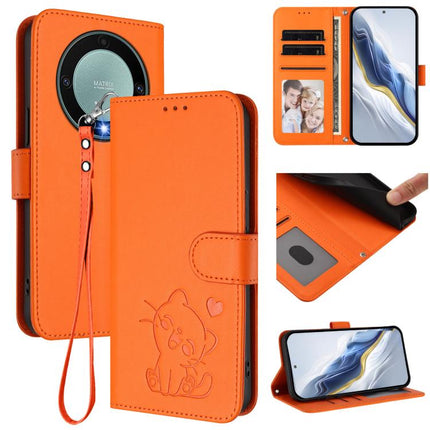 Embossed Heart Cat Leather Phone Case with Hand Strap, For Honor X8a, For Honor Magic5 Lite / X9a / X40