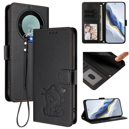 Embossed Heart Cat Leather Phone Case with Hand Strap, For Honor X8a, For Honor Magic5 Lite / X9a / X40