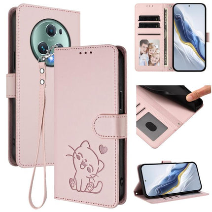 Embossed Heart Cat Leather Phone Case with Hand Strap, For Honor X7a / Honor Play7T, For Honor Magic5 Pro