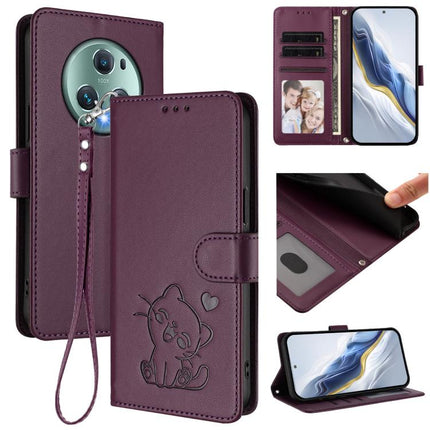 Embossed Heart Cat Leather Phone Case with Hand Strap, For Honor X7a / Honor Play7T, For Honor Magic5 Pro