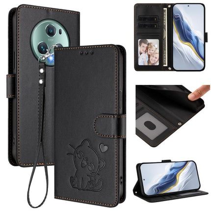 Embossed Heart Cat Leather Phone Case with Hand Strap, For Honor X7a / Honor Play7T, For Honor Magic5 Pro