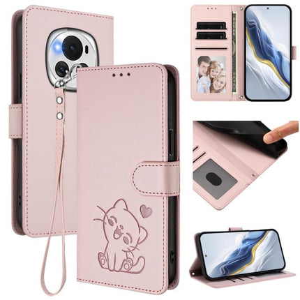 Embossed Heart Cat Leather Phone Case with Hand Strap, For Honor Magic6 Pro, For Honor Magic6
