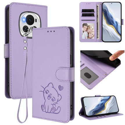 Embossed Heart Cat Leather Phone Case with Hand Strap, For Honor Magic6 Pro, For Honor Magic6