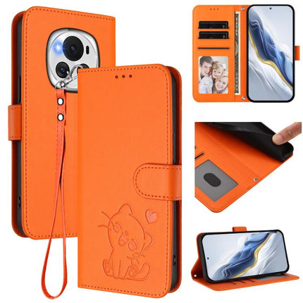 Embossed Heart Cat Leather Phone Case with Hand Strap, For Honor Magic6 Pro, For Honor Magic6
