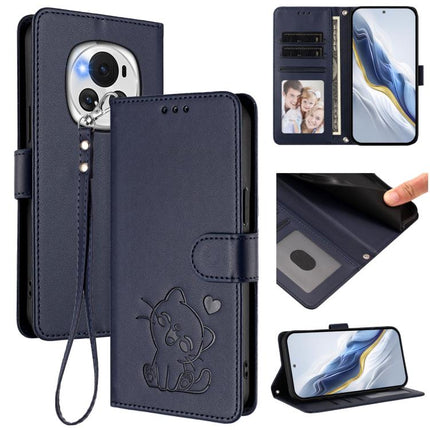 Embossed Heart Cat Leather Phone Case with Hand Strap, For Honor Magic6 Pro, For Honor Magic6