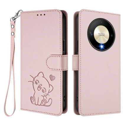 Embossed Heart Cat Leather Phone Case with Hand Strap, For Honor Magic6 Lite 5G / X9b / X50 / X50 Pro, For Honor X8b